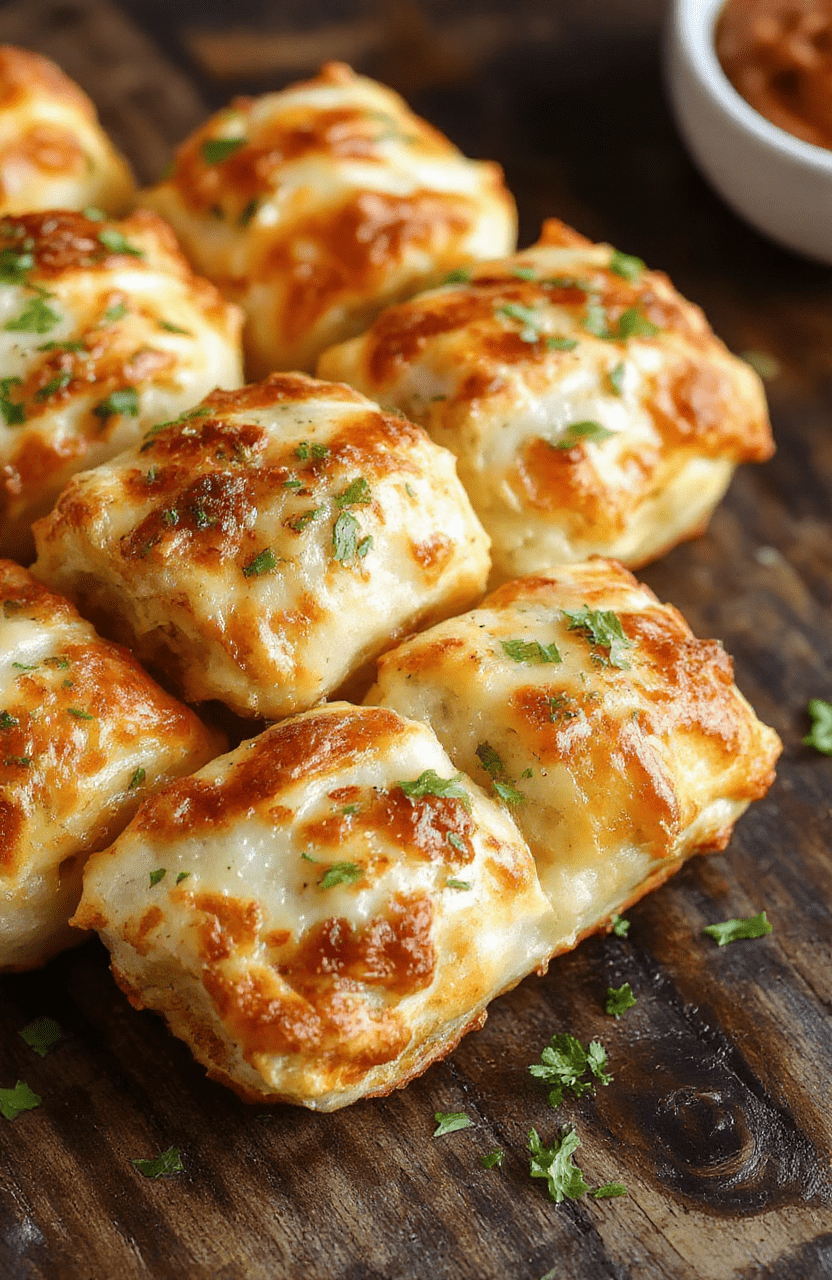 Golden-brown crispy pizza rolls arranged on a white plate with melted cheese and pepperoni visible inside, styled with fresh basil leaves on a rustic wooden table, vibrant colors, inviting presentation, showcasing the flaky, oven-crisp texture and gooey interior.