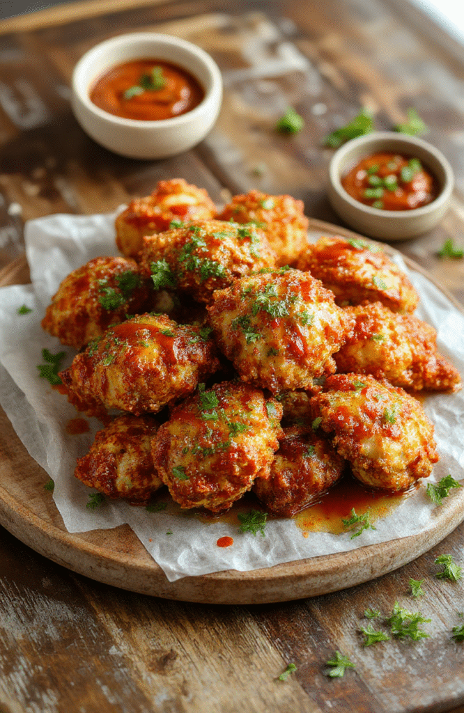 Golden crispy baked popcorn chicken arranged neatly on a white plate garnished with fresh herbs, crispy textures visible, served with a side of colorful dipping sauces on a rustic wooden table