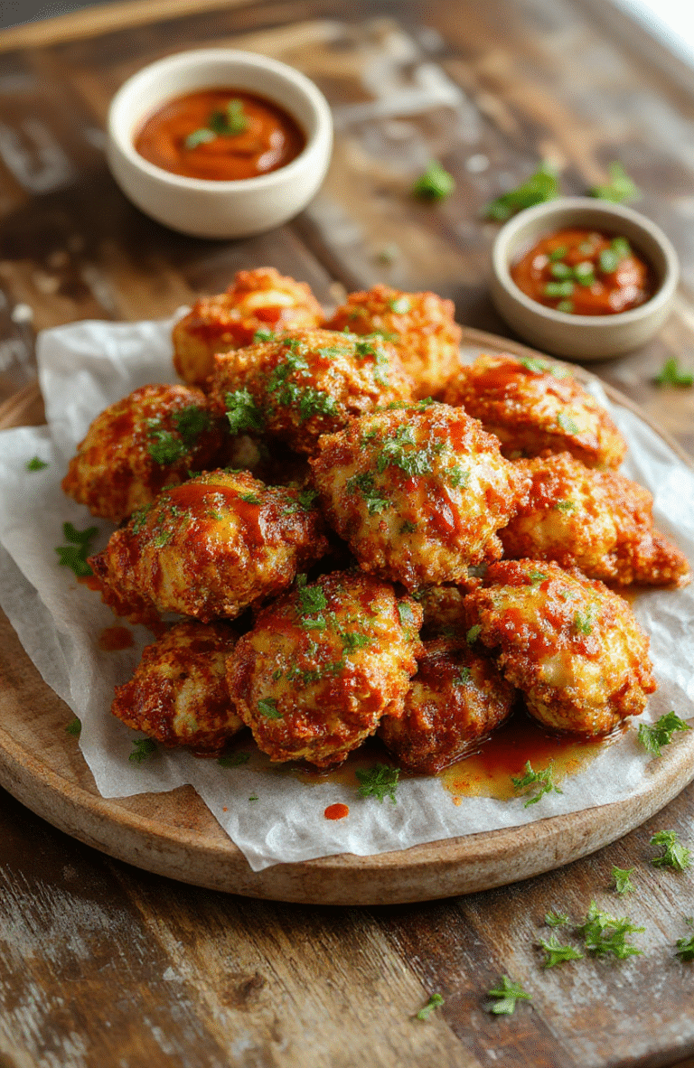 Golden crispy baked popcorn chicken arranged neatly on a white plate garnished with fresh herbs, crispy textures visible, served with a side of colorful dipping sauces on a rustic wooden table