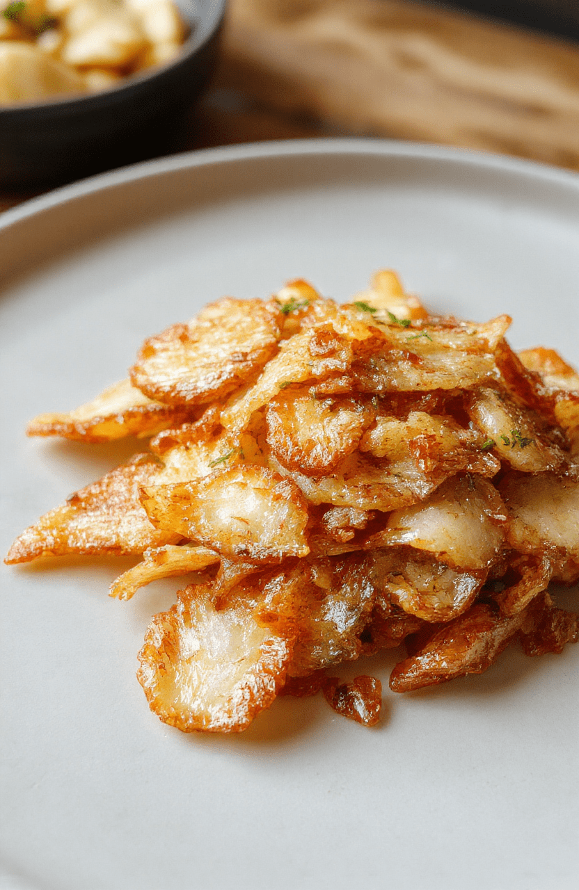 Golden crispy fried onions arranged on a neutral-colored plate, glistening with oil, with a crispy, flaky texture visible. The onions are seasoned and layered, presented against a blurred rustic wooden background, styled for an inviting snack appeal.