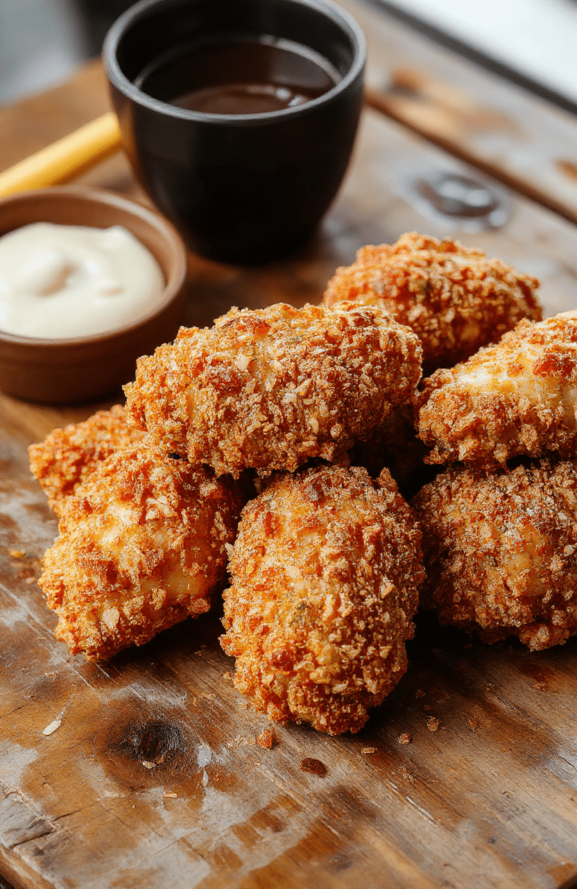 Golden-brown pretzel-crusted chicken fillets topped with melted cheese, served on a rustic white plate with a side of fresh greens. The crispy coating showcases a crunchy texture while the cheese adds creamy richness. Natural light enhances the warm tones, and the clean background emphasizes the appealing contrast of colors and textures, styled simply for a cozy dinner setting.