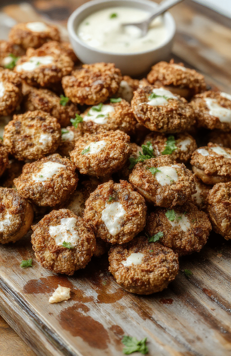 Golden crispy mushrooms coated with ranch seasoning and herbs, served on a elegant white plate with a rustic wooden table background. The mushrooms appear crunchy with a textured surface, garnished with fresh herbs, presented in a casual yet appetizing style.