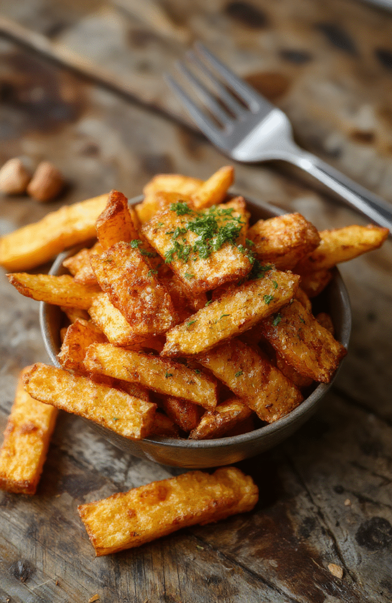 A vibrant plate of golden crispy sweet potato fries arranged neatly on a rustic wooden surface, accompanied by a small bowl of spicy dipping sauce, with a sprinkle of herbs on top, showcasing a perfect crispy texture, warm orange hues, and appealing presentation.