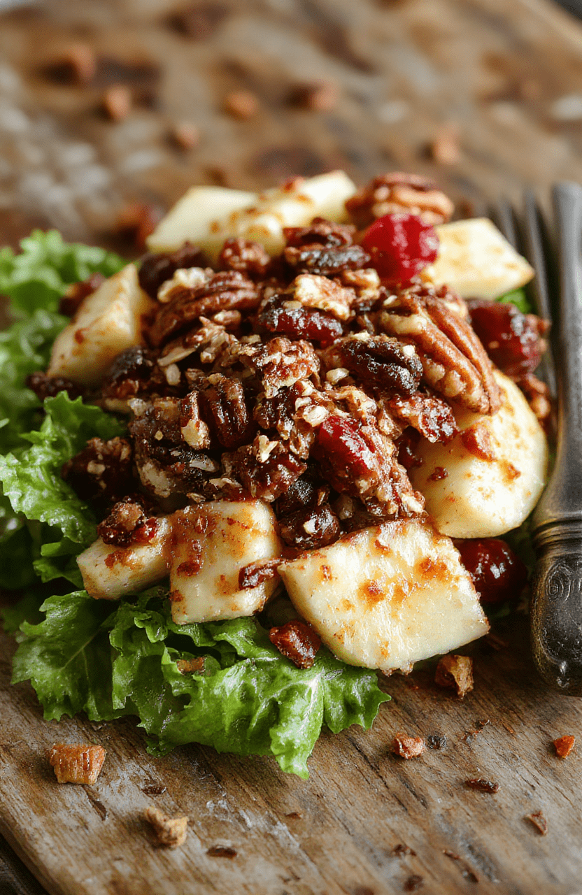 A vibrant bowl of crunchy apple cranberry pecan salad featuring sliced green and red apples, bright red cranberries, toasted pecans, and mixed greens, all lightly coated in a tangy dressing, styled with a rustic wooden background and natural lighting