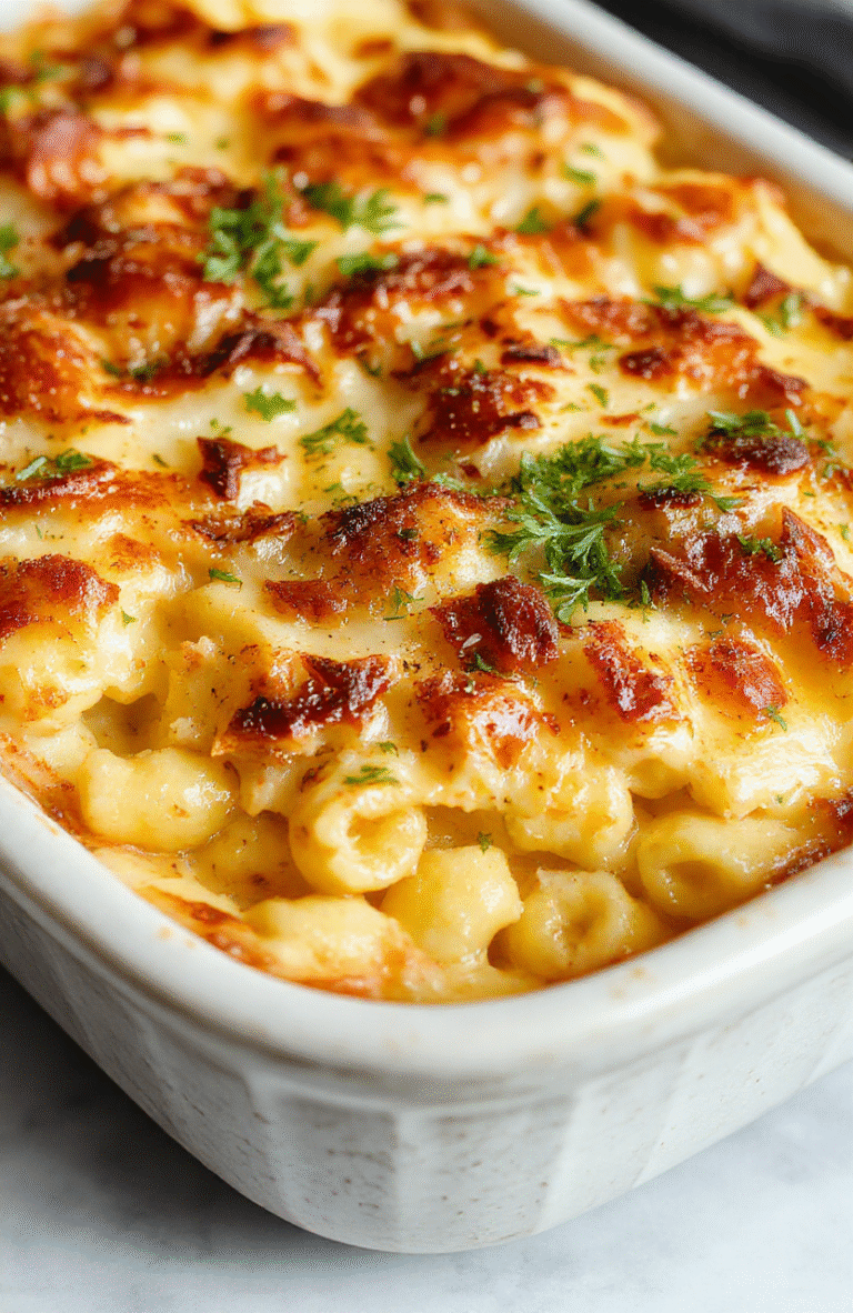 A close-up of a golden-brown, crispy-topped mac and cheese dish in a rustic white ceramic baking dish, showing gooey cheese, tender pasta underneath, and a crunchy breadcrumb crust, garnished with fresh herbs and styled on a wooden surface.
