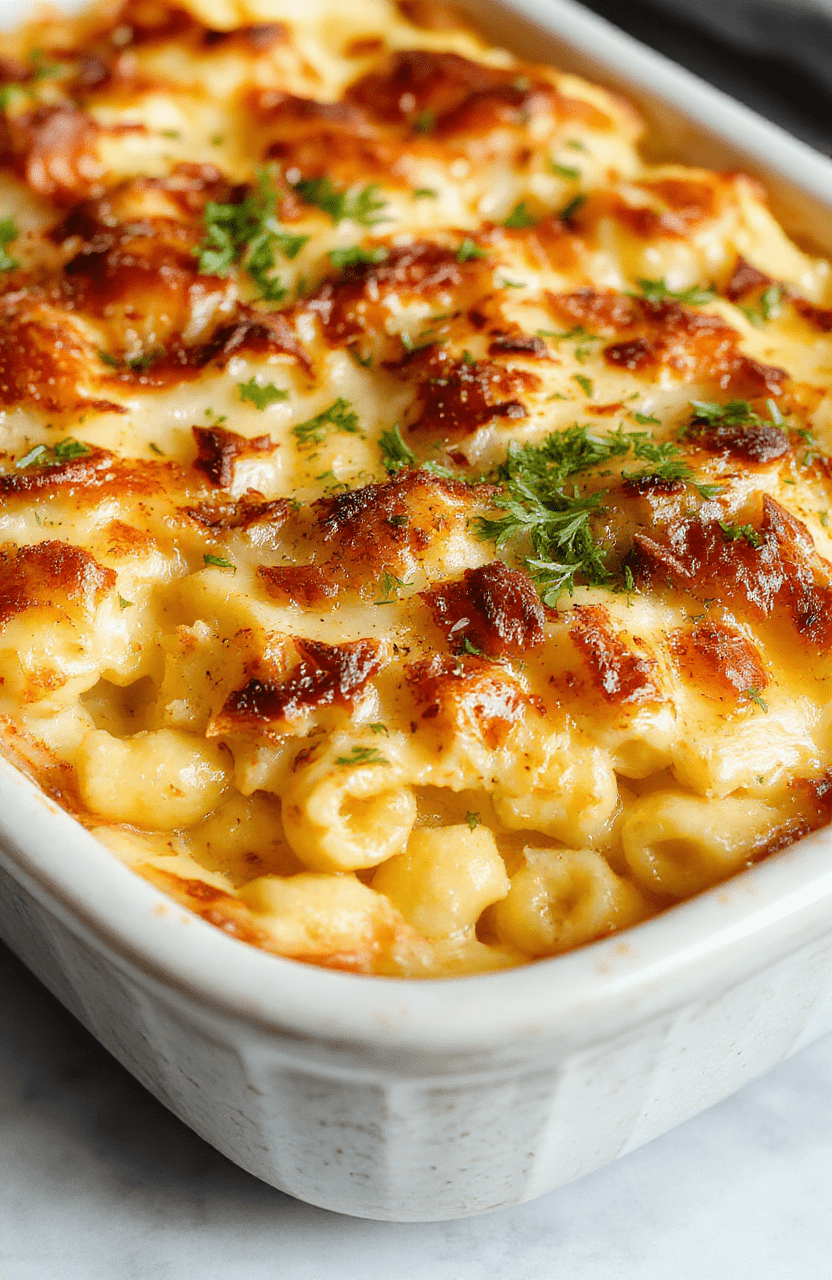 A close-up of a golden-brown, crispy-topped mac and cheese dish in a rustic white ceramic baking dish, showing gooey cheese, tender pasta underneath, and a crunchy breadcrumb crust, garnished with fresh herbs and styled on a wooden surface.
