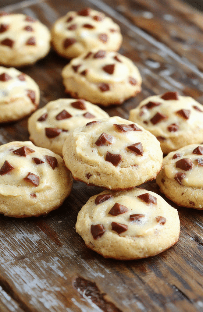 A close-up of golden-brown cheesecake cookies arranged on a white plate, showcasing a creamy and smooth cheesecake filling with a crumbled cookie crust topping, garnished with a mint leaf, styled simply on a rustic wooden surface