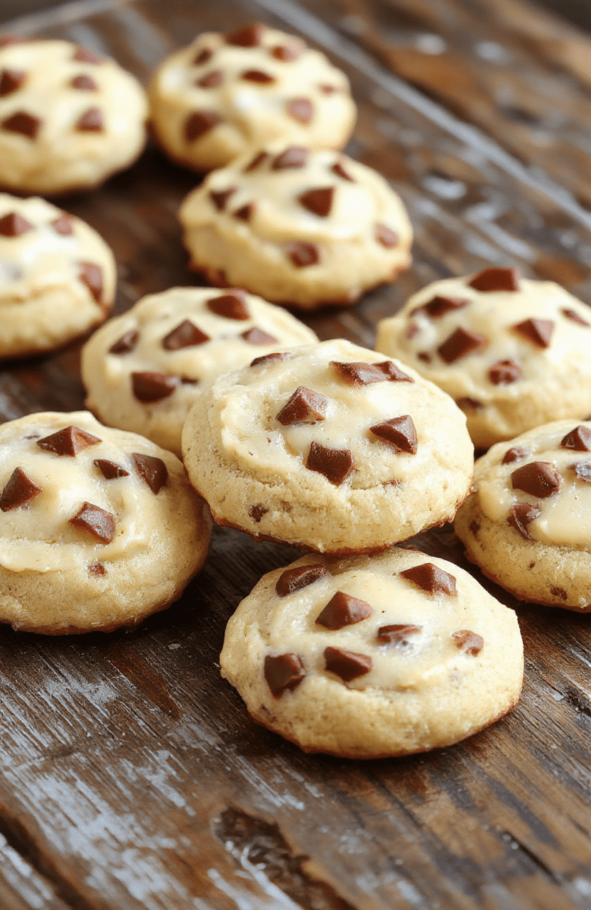 A close-up of golden-brown cheesecake cookies arranged on a white plate, showcasing a creamy and smooth cheesecake filling with a crumbled cookie crust topping, garnished with a mint leaf, styled simply on a rustic wooden surface