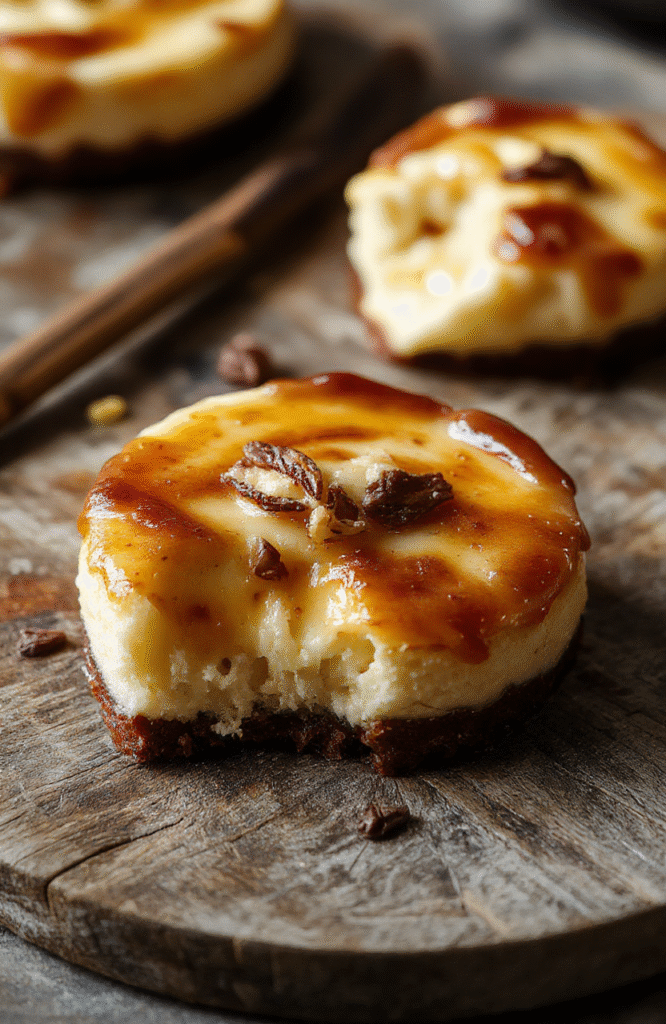 A rich slice of cheesecake with a golden brown butter crust, topped with vanilla bean specks and a glossy caramel brown butter drizzle, elegantly plated on a rustic wooden surface with subtle warm lighting.