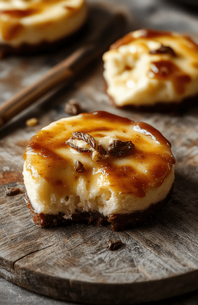 A rich slice of cheesecake with a golden brown butter crust, topped with vanilla bean specks and a glossy caramel brown butter drizzle, elegantly plated on a rustic wooden surface with subtle warm lighting.