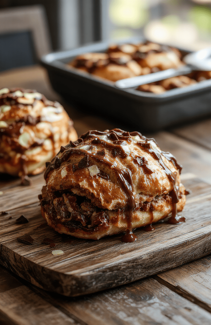 A close-up of a rich and gooey chocolate croissant bake, topped with powdered sugar and melting chocolate, served in a rustic white ceramic dish, with flaky layers and luscious chocolate filling visible, garnished with fresh berries and mint, styled on a wooden table with soft natural light highlighting textures and colors.