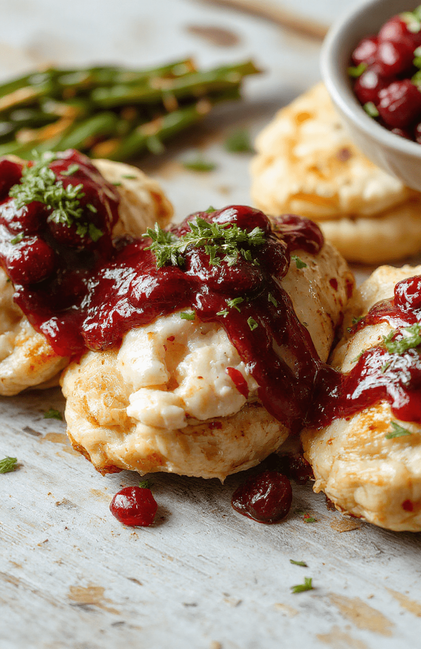A beautifully plated dish featuring golden baked chicken topped with melted brie cheese and vibrant cranberry sauce, garnished with fresh herbs on a rustic wooden platter, with a drizzle of glaze and crispy edges highlighting textures and rich colors.