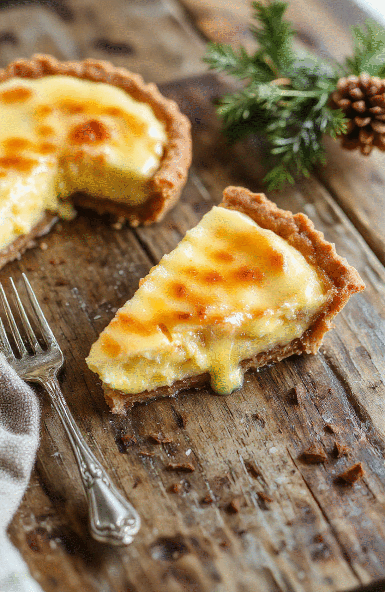 A beautifully sliced rich custard pie on a rustic wooden table, topped with velvety smooth custard, golden crispy crust, garnished with fresh berries and a sprinkle of powdered sugar, styled for a festive holiday feast.