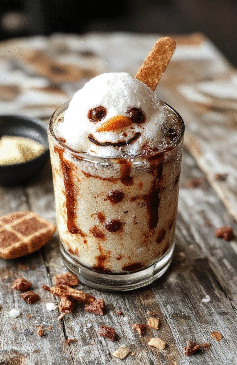 A vibrant glass filled with a creamy, frosty white cocktail topped with a chocolate snowman and candy cane stirrer, surrounded by holiday-themed props, warm lighting accentuating the rich textures and festive colors.