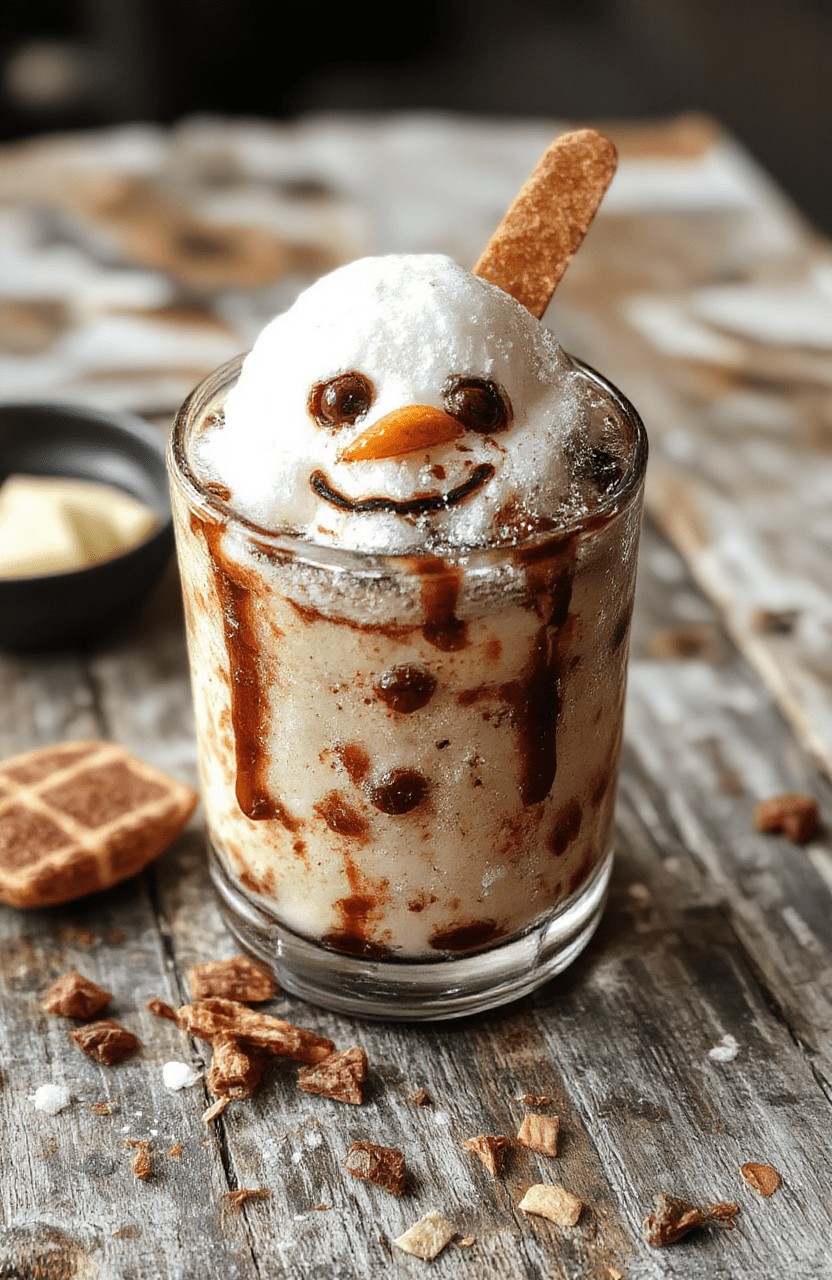 A vibrant glass filled with a creamy, frosty white cocktail topped with a chocolate snowman and candy cane stirrer, surrounded by holiday-themed props, warm lighting accentuating the rich textures and festive colors.