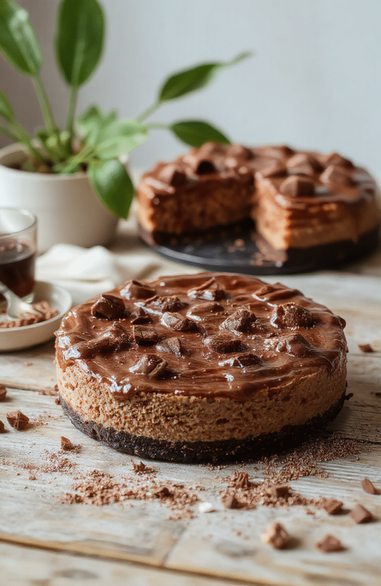 A rich, creamy German Chocolate Cheesecake topped with glossy chocolate ganache, sprinkled with toasted coconut flakes and pecans, with a smooth crumb crust, beautifully plated on a white ceramic dish with a rustic wooden background.