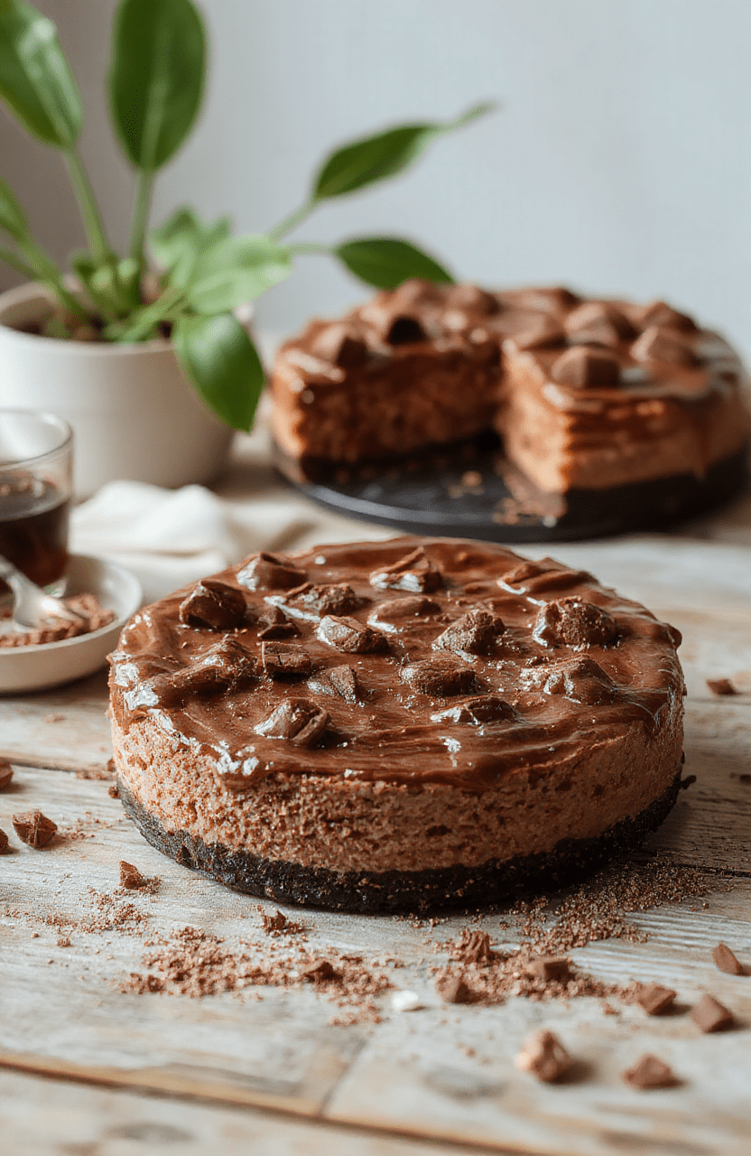 A rich, creamy German Chocolate Cheesecake topped with glossy chocolate ganache, sprinkled with toasted coconut flakes and pecans, with a smooth crumb crust, beautifully plated on a white ceramic dish with a rustic wooden background.