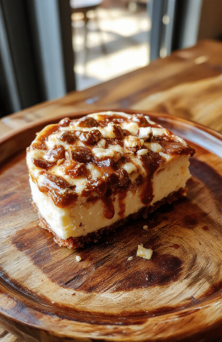A rich slice of turtle cheesecake topped with glossy caramel and drizzled chocolate, garnished with crushed pecans and a caramel drizzle, on a rustic wooden plate with a caramel-colored backdrop, showcasing creamy texture and glossy toppings