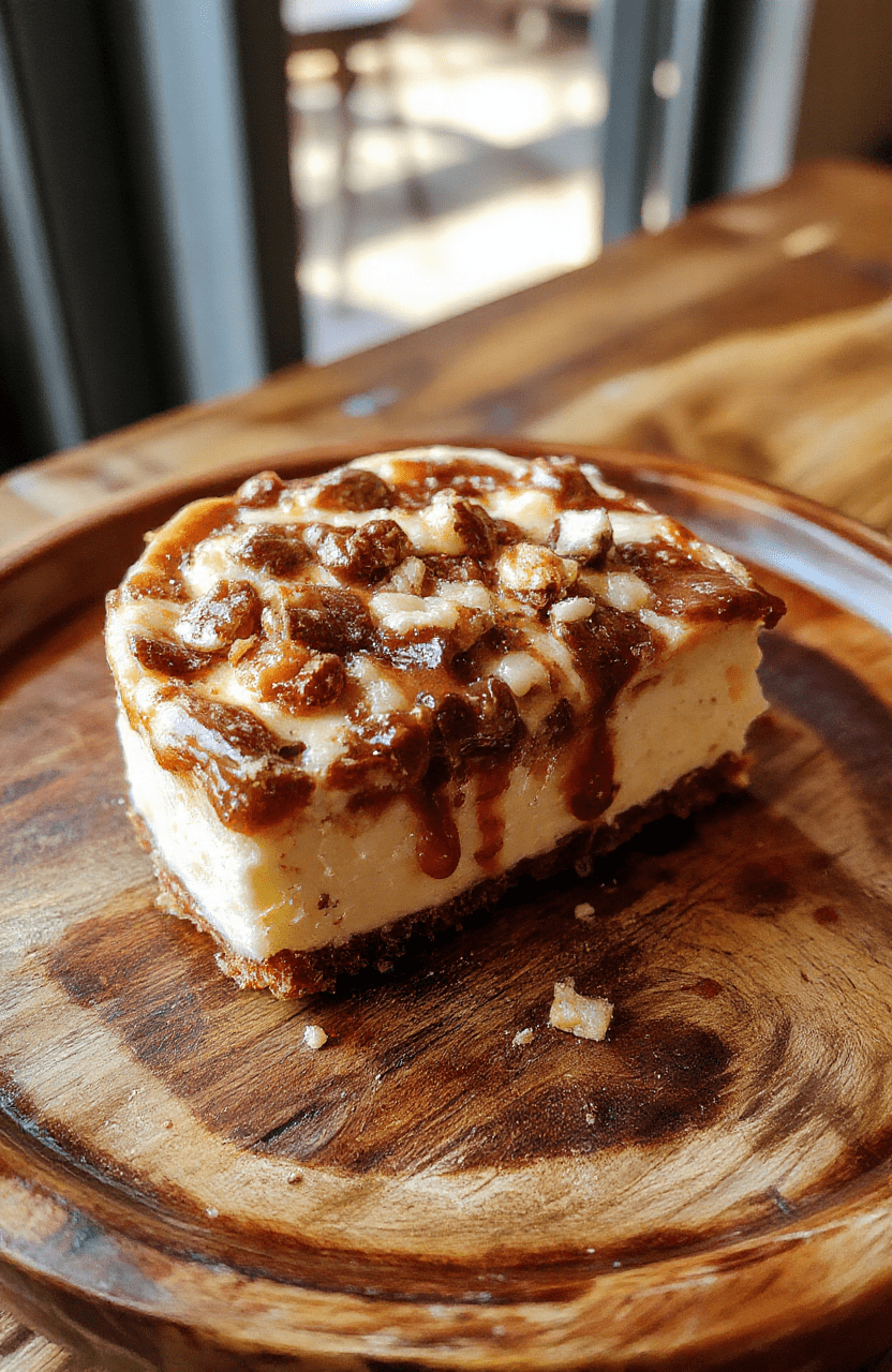 A rich slice of turtle cheesecake topped with glossy caramel and drizzled chocolate, garnished with crushed pecans and a caramel drizzle, on a rustic wooden plate with a caramel-colored backdrop, showcasing creamy texture and glossy toppings