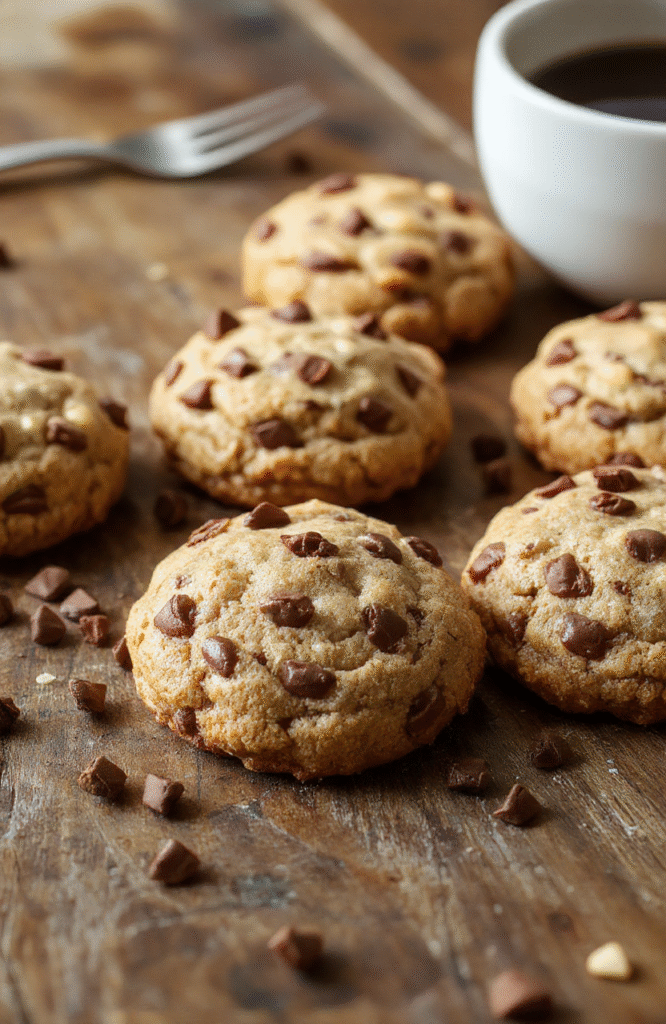A close-up of golden-brown coffee cake cookies topped with cinnamon sugar, arranged on a white plate with a rustic wooden table background, with crumbs scattered around, styled with a cinnamon stick and coffee mug for a warm, inviting Thanksgiving dessert scene.