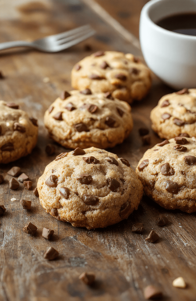 A close-up of golden-brown coffee cake cookies topped with cinnamon sugar, arranged on a white plate with a rustic wooden table background, with crumbs scattered around, styled with a cinnamon stick and coffee mug for a warm, inviting Thanksgiving dessert scene.