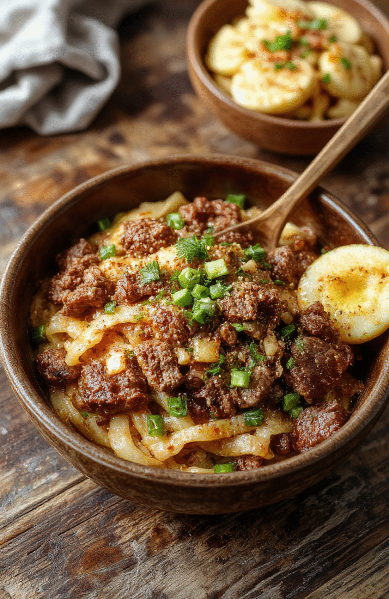 A vibrant bowl of Mongolian ground beef noodles featuring glossy ground beef, colorful julienned vegetables, and tender noodles garnished with chopped green onions and sesame seeds, styled on a rustic wooden table with a rich sauce coating each ingredient.