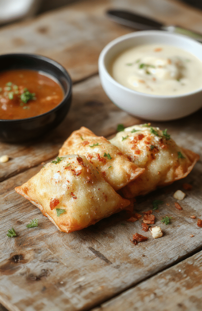 A close-up shot of crispy, golden-brown Crab Rangoon arranged on a white plate, with visible creamy crab filling and delicate crispy edges, garnished with chopped green onions on a rustic wooden table, styled with a dipping bowl of sweet and sour sauce nearby, textured flaky crust with vibrant contrasting colors.