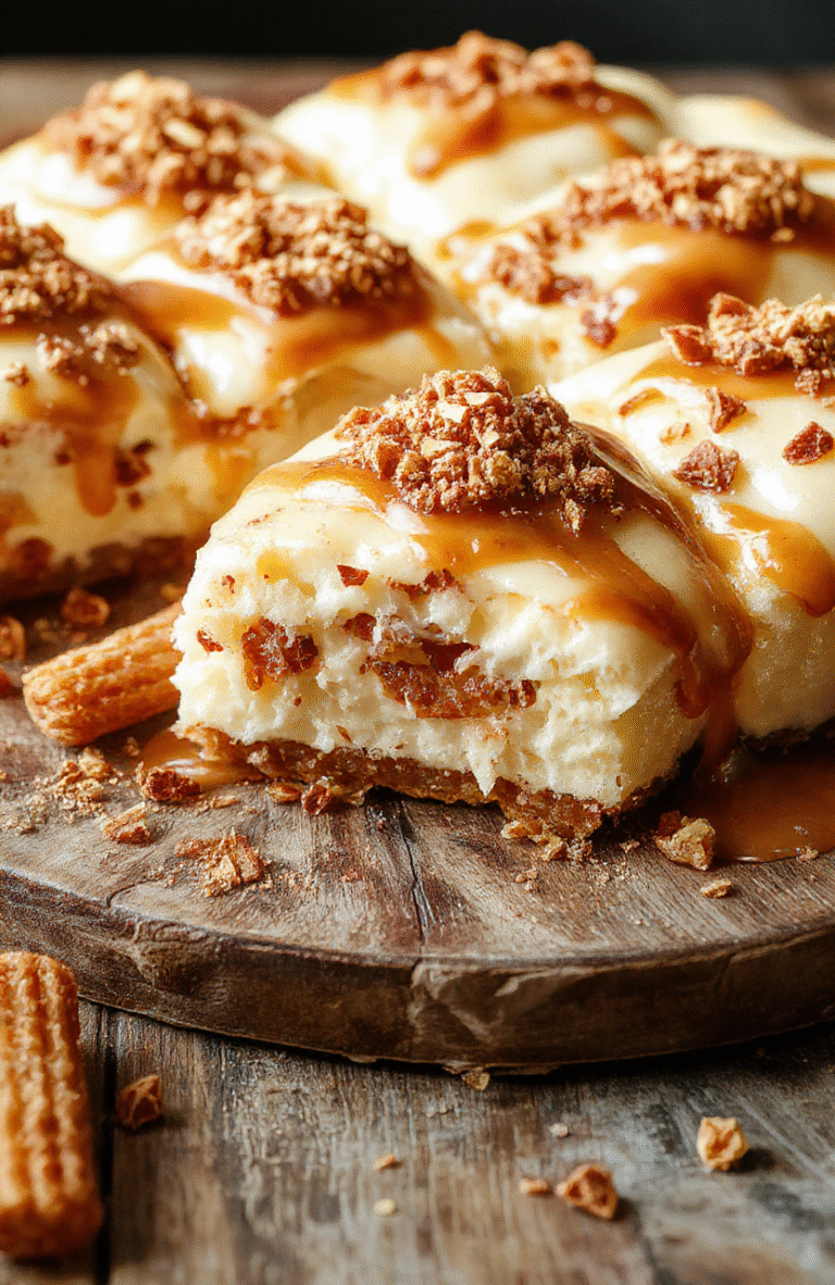 A vibrant cheesecake topped with crispy churro pieces and a cinnamon sugar coating, garnished with drizzles of chocolate and caramel, styled on a rustic wooden board with a sprinkle of cinnamon around, with a blurred background highlighting the rich textures and inviting colors of the dessert