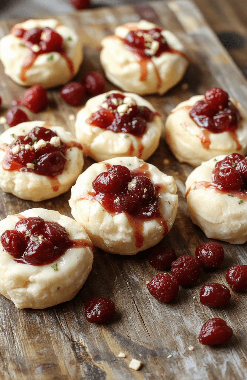 A close-up of golden, flaky puff pastry cups filled with creamy brie cheese and topped with vibrant red cranberries and fresh green herbs, arranged on a elegant white platter with a festive background, showcasing textures of the crispy pastry, gooey cheese, and juicy cranberries.