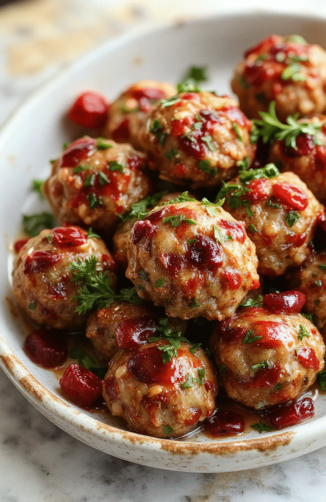 A plate of glossy, deep red cranberry meatballs garnished with fresh herbs, served on a rustic white platter with a festive backdrop of holiday greenery and twinkling lights, showcasing a vibrant and appetizing presentation.