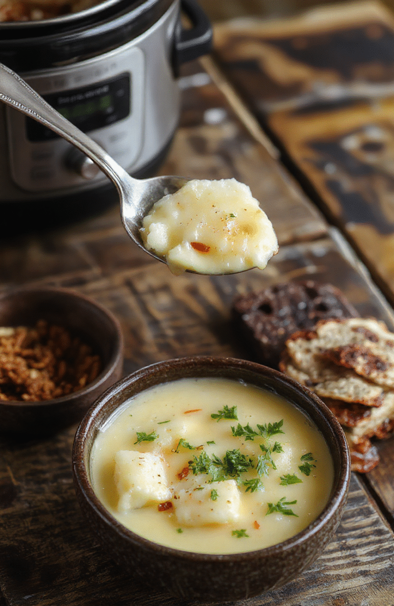 A steaming bowl of creamy potato soup garnished with chopped chives, topped with shredded cheese and crispy bacon bits, served in a rustic white bowl on a wooden table with a textured cloth background, vibrant colors, and textures highlighting the comforting nature of the dish.