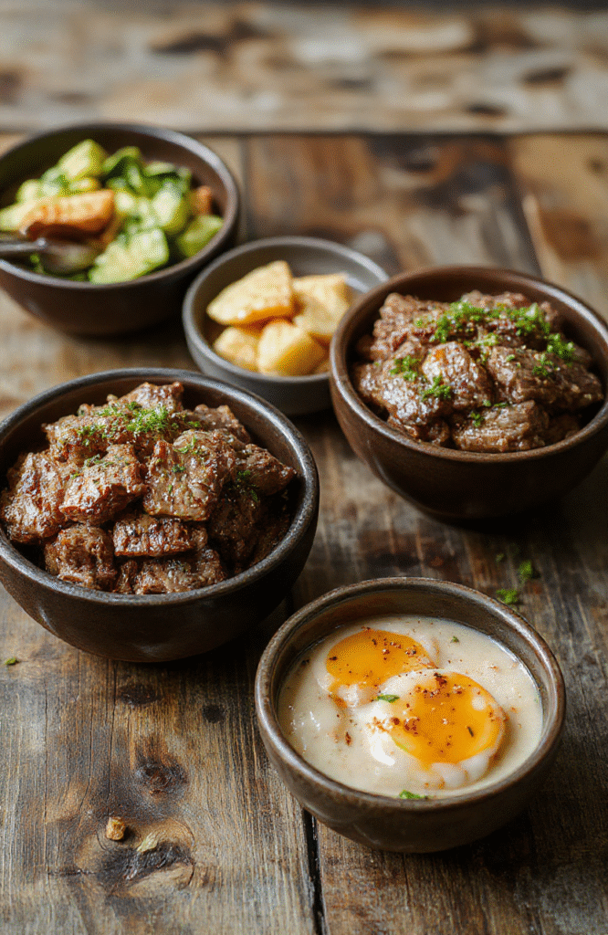 Colorful hibachi steak bowls featuring perfectly seared juicy steak slices atop steamed rice, garnished with vibrant green scallions and sesame seeds, served in a rustic bowl with a glossy sauce glaze, styled simply to highlight the textures and rich colors.