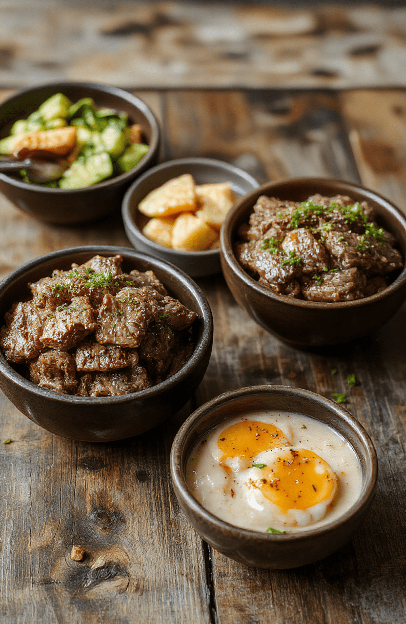 Colorful hibachi steak bowls featuring perfectly seared juicy steak slices atop steamed rice, garnished with vibrant green scallions and sesame seeds, served in a rustic bowl with a glossy sauce glaze, styled simply to highlight the textures and rich colors.