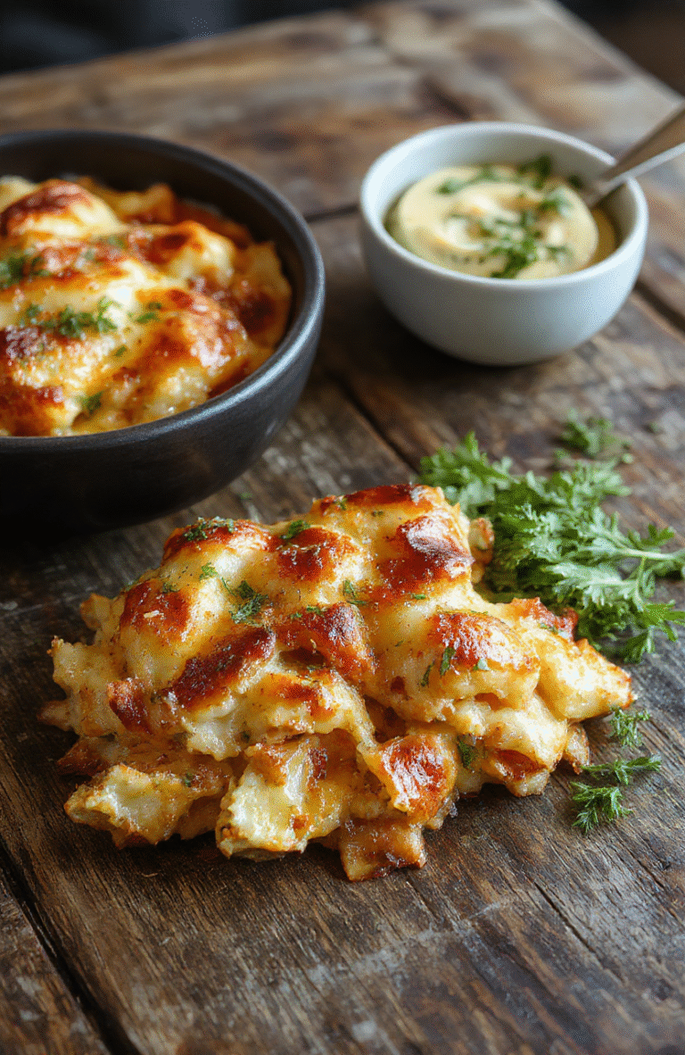 A colorful plate featuring a hearty hobo casserole with layers of browned ground beef, mixed vegetables, melted cheese, and crispy potato topping, garnished with fresh herbs on a rustic wooden table.