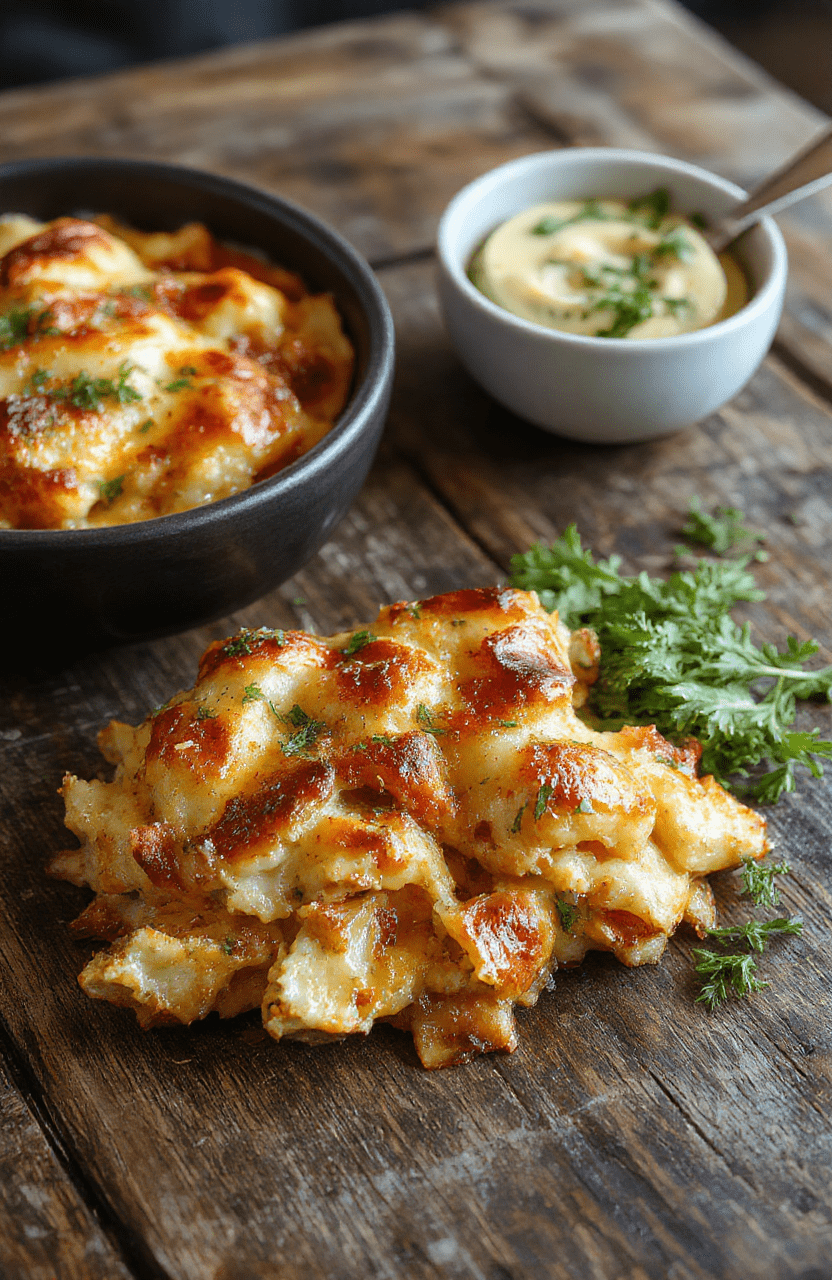 A colorful plate featuring a hearty hobo casserole with layers of browned ground beef, mixed vegetables, melted cheese, and crispy potato topping, garnished with fresh herbs on a rustic wooden table.