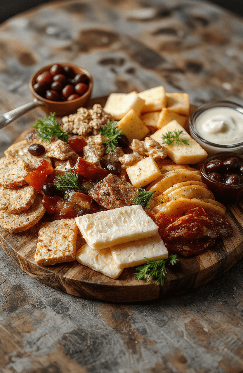 Colorful holiday charcuterie board with assorted cheeses, sliced meats, fresh fruits, nuts, crackers, and festive garnishes arranged neatly on a wooden platter. Vibrant reds, greens, and neutral tones highlight the seasonal theme, styled with elegant small bowls and decorative elements to evoke a celebratory atmosphere.