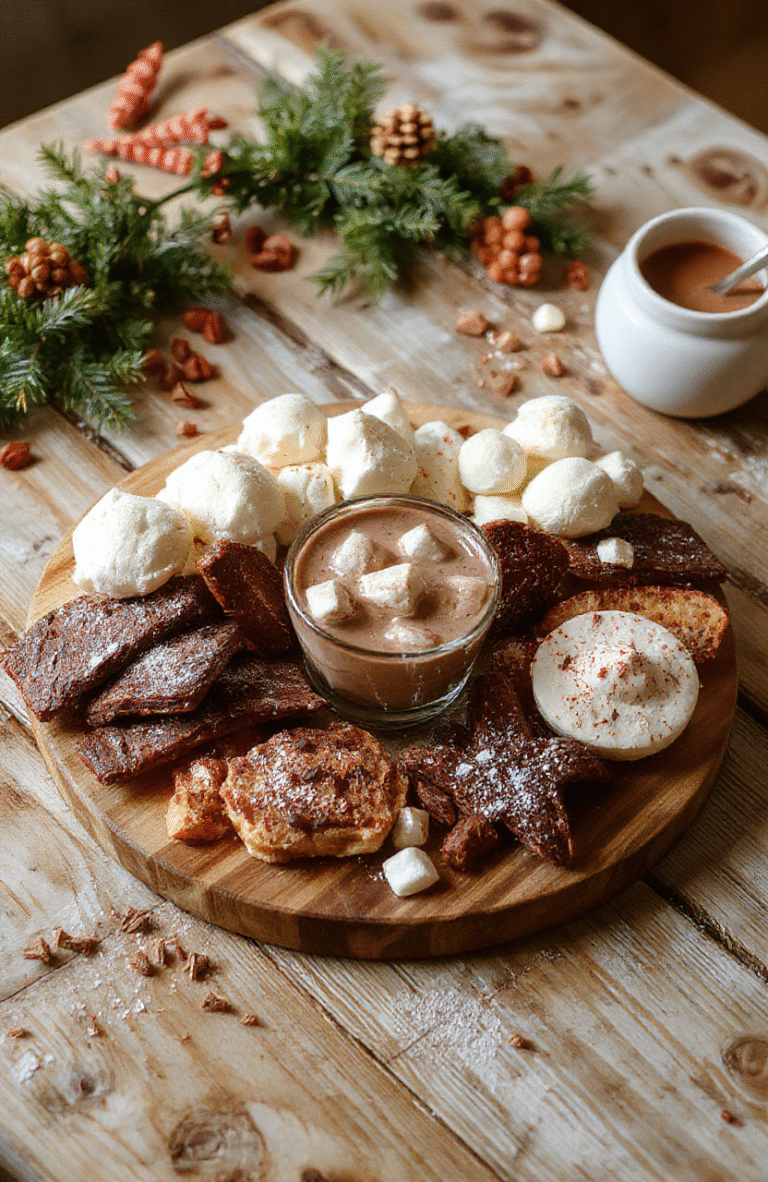 A vibrant, inviting hot chocolate board featuring a rich, velvety cup of hot cocoa topped with whipped cream and chocolate shavings, surrounded by assorted toppings like marshmallows, peppermint sticks, and chocolate chips. The board is decorated with holiday-themed sprinkles and cinnamon sticks, styled on a rustic wooden table with festive accents, capturing a cozy seasonal ambiance.