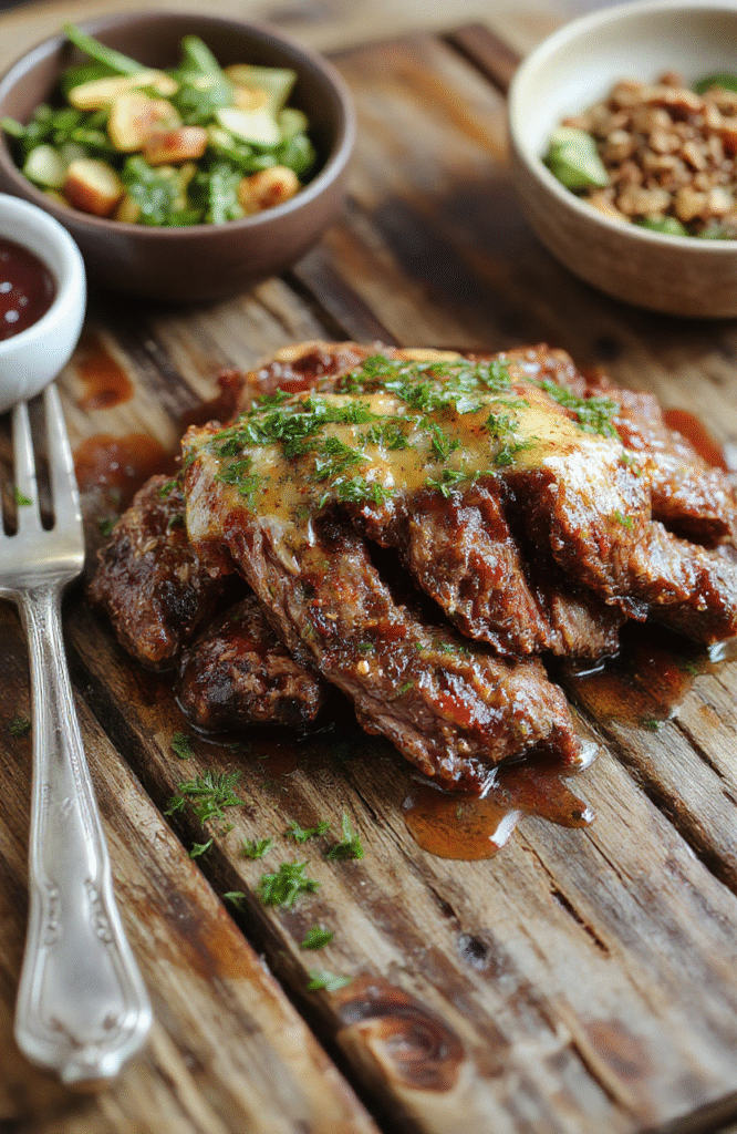 A beautifully glazed honey baked beef roast sliced to reveal tender, juicy meat with a golden caramelized crust, garnished with fresh herbs on a rustic wooden platter with side vegetables, vibrant colors, and a festive setting.