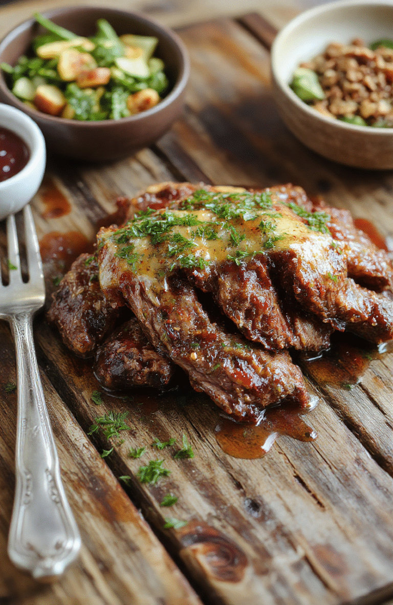 A beautifully glazed honey baked beef roast sliced to reveal tender, juicy meat with a golden caramelized crust, garnished with fresh herbs on a rustic wooden platter with side vegetables, vibrant colors, and a festive setting.