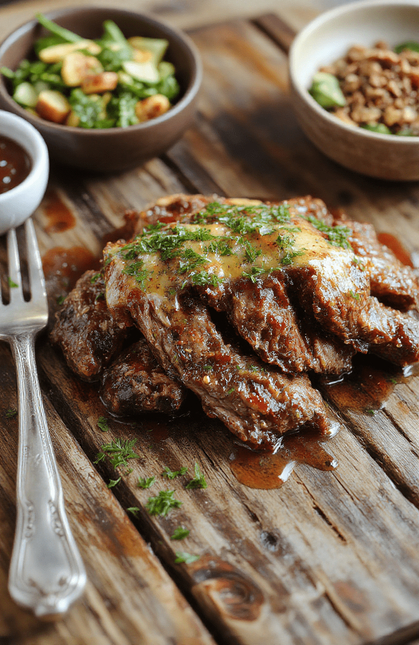 A beautifully glazed honey baked beef roast sliced to reveal tender, juicy meat with a golden caramelized crust, garnished with fresh herbs on a rustic wooden platter with side vegetables, vibrant colors, and a festive setting.