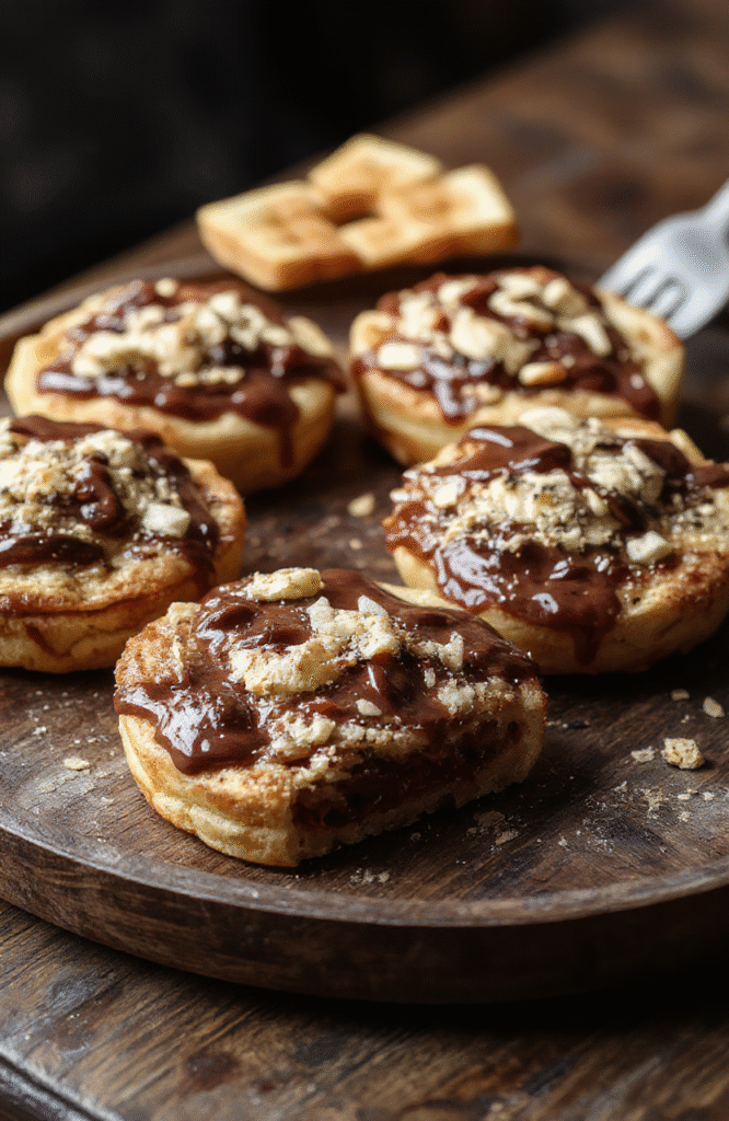 A close-up of golden-brown Nutella toast pies arranged on a rustic wooden plate. The pies are flaky and crispy, filled with rich Nutella, with a slight sheen from baking. Dusted with powdered sugar, the pies are styled with a few dollops of Nutella and a sprinkle of crushed nuts for texture. Soft natural light highlights the glossy filling and flaky crust, emphasizing their tempting texture and warm appeal.