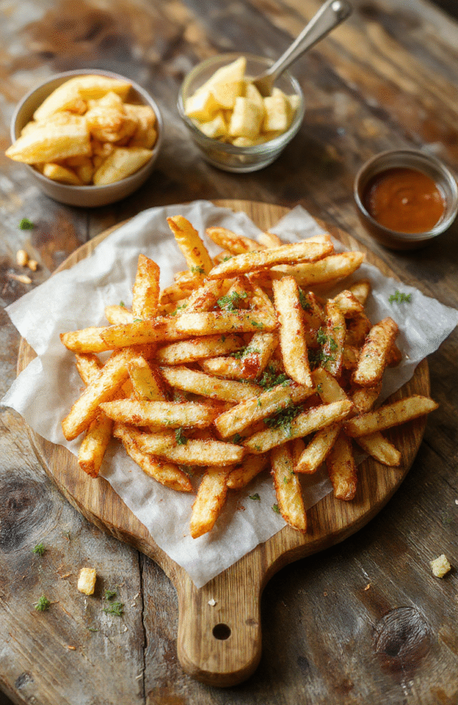 A colorful French fry party board beautifully arranged with crispy golden fries, assorted dipping sauces, and toppings like cheese, herbs, and bacon, styled on a rustic wooden serving board with fresh greens and cherry tomatoes, showcasing a vibrant and inviting snack spread.