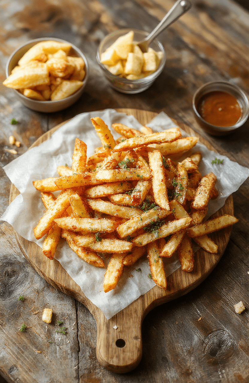 A colorful French fry party board beautifully arranged with crispy golden fries, assorted dipping sauces, and toppings like cheese, herbs, and bacon, styled on a rustic wooden serving board with fresh greens and cherry tomatoes, showcasing a vibrant and inviting snack spread.