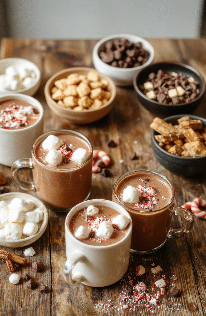 Colorful display of a hot chocolate bar with mugs filled with rich, creamy hot cocoa, topped with whipped cream, sprinkles, and marshmallows; surrounded by assorted toppings like chocolate chips, peppermint sticks, and cinnamon sticks, on a rustic wooden table with a cozy backdrop.