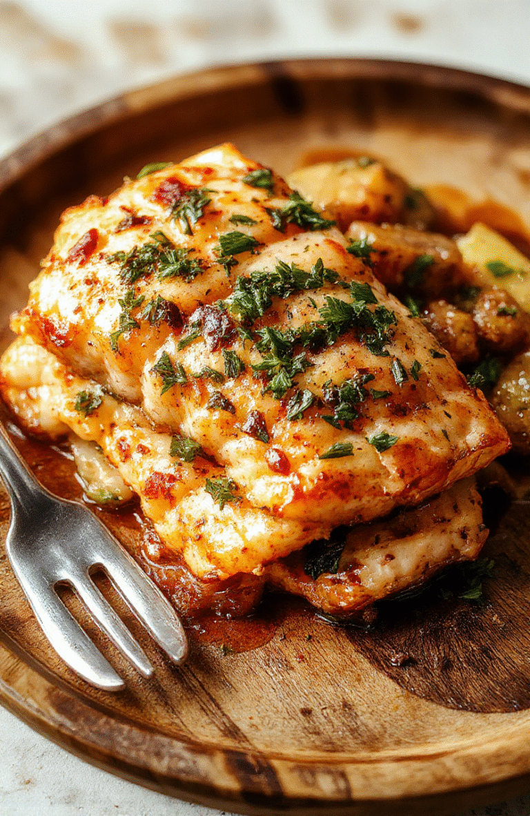 A beautifully plated baked salmon fillet topped with caramelized pineapple chunks and fresh herbs on a rustic wooden plate, vibrant yellow pineapple contrasts with the pink salmon, garnished with green herbs, styled with a drizzle of glaze, creating a colorful and inviting presentation.