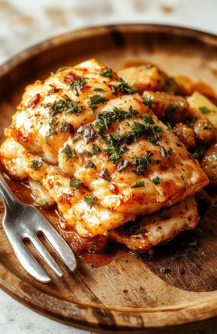 A beautifully plated baked salmon fillet topped with caramelized pineapple chunks and fresh herbs on a rustic wooden plate, vibrant yellow pineapple contrasts with the pink salmon, garnished with green herbs, styled with a drizzle of glaze, creating a colorful and inviting presentation.