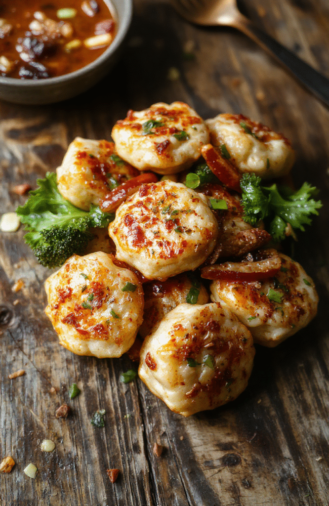 A vibrant plate of potsticker stir fry featuring golden-brown potstickers nestled among colorful vegetables like bell peppers, snap peas, and carrots, all coated in a glossy savory sauce. The dish is artfully arranged on a sleek, white platter, with steam rising gently, highlighting textures and freshness in a warm, inviting ambiance.