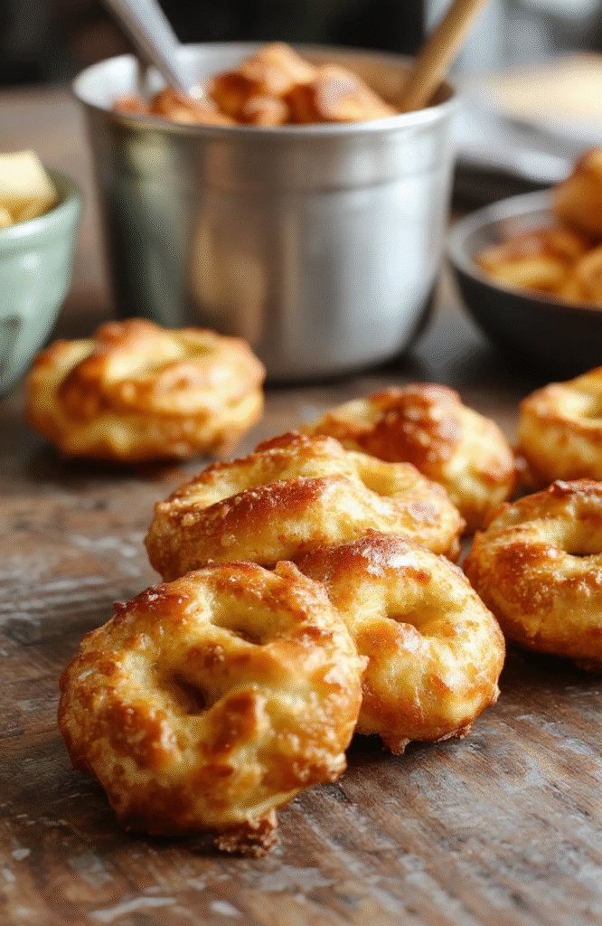 A close-up of golden-brown pretzel bites topped with glossy melted Rolo chocolates, arranged on a rustic wooden platter with a sprinkle of sea salt and a few pretzels scattered around, showcasing a tempting, gooey texture with a shiny chocolate finish and crispy edges.