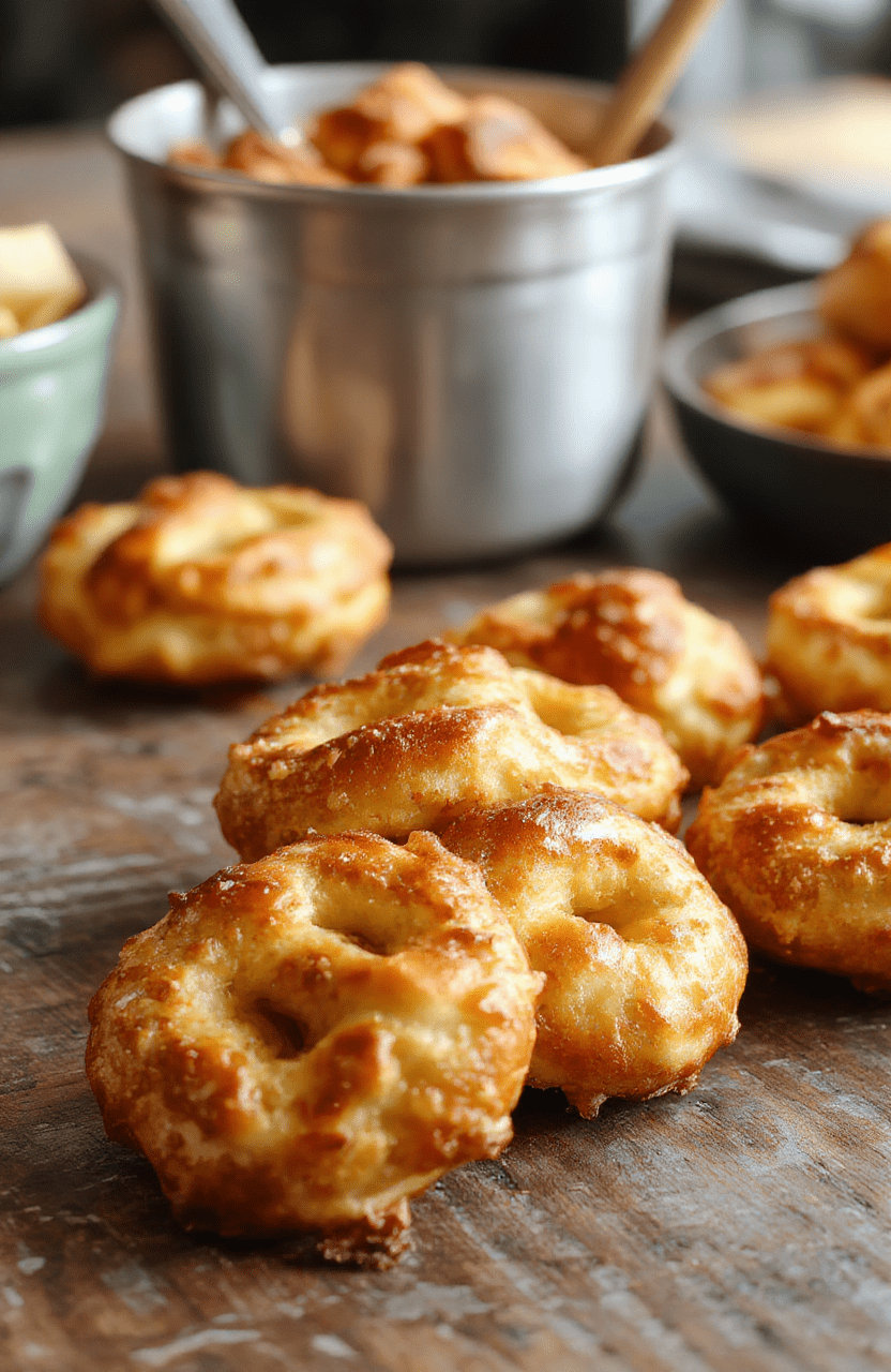 A close-up of golden-brown pretzel bites topped with glossy melted Rolo chocolates, arranged on a rustic wooden platter with a sprinkle of sea salt and a few pretzels scattered around, showcasing a tempting, gooey texture with a shiny chocolate finish and crispy edges.