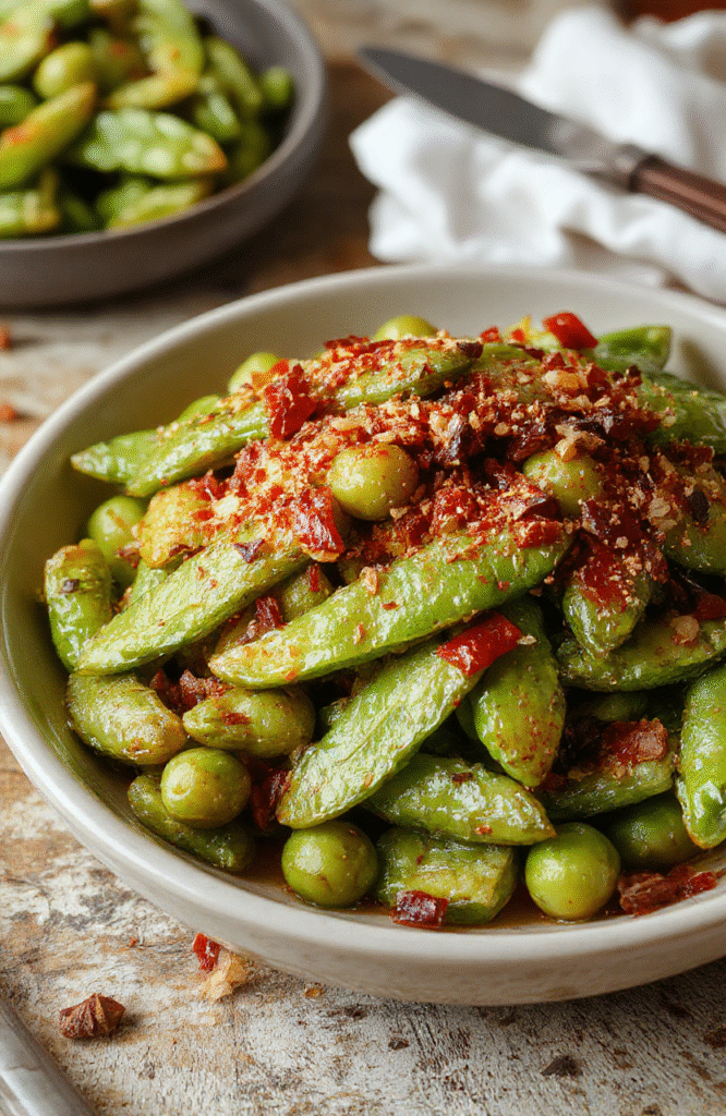 A vibrant plate of cooked green peas garnished with fresh herbs, arranged on a white ceramic dish with a rustic wooden table in the background, bright and inviting, with a glossy finish on the peas highlighting their freshness and a sprinkle of butter and seasoning for added appeal.